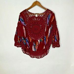 Women's Vivid Importers of NY Hippie Boho Fringe Maroon Color Tunic Top Size M